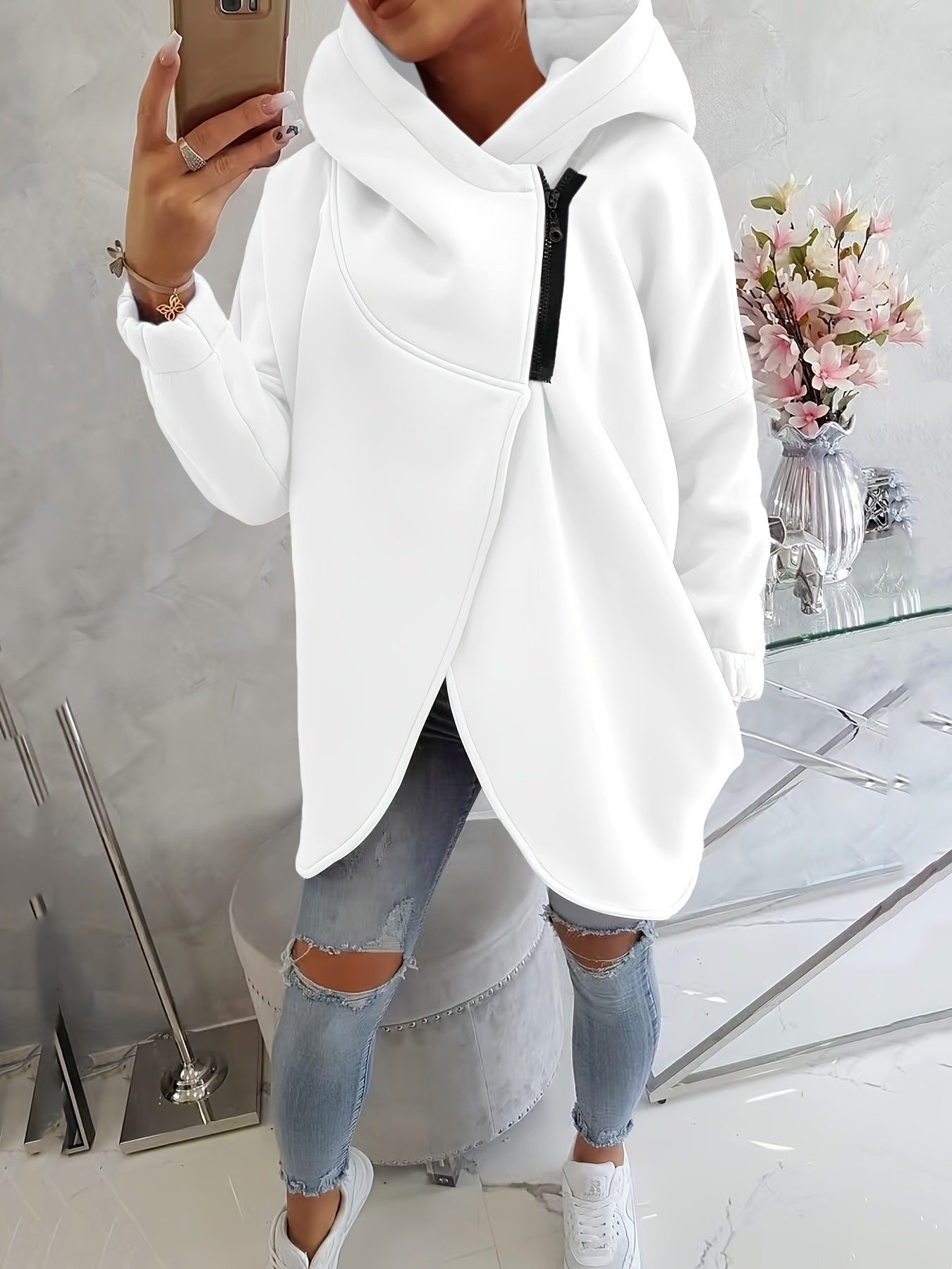 Effortless Fleece Hoodie for Women with Cowl Neck Long Sleeve Asymmetric Tulip Hem Relaxed Style