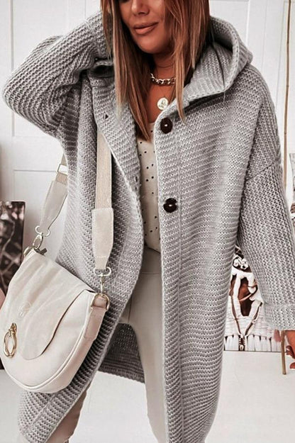 Cozy Long Knit Cardigan for Women with Hooded Neck Long Sleeve Button Front Duster Style