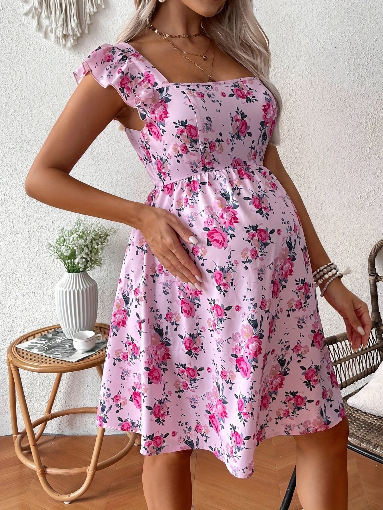 Effortless Floral Maternity Mini Dress for Women with Square Neck Ruffle Sleeve Tie Back Cutout Style