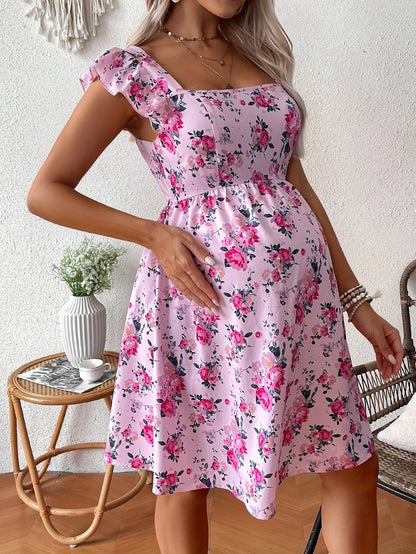 Effortless Floral Maternity Mini Dress for Women with Square Neck Ruffle Sleeve Tie Back Cutout Style
