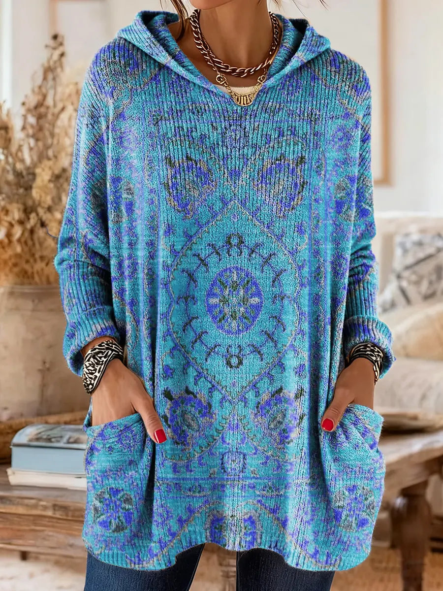 Comfortable Boho Print Tunic Sweater for Women with Hooded Long Sleeve Oversized Pocket Bohemian Style