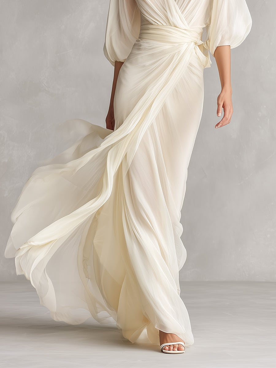 Elegant Ivory Chiffon Maxi Dress for Women with Wrap V Neck Puff Sleeve Draped Formal Wedding Guest Style