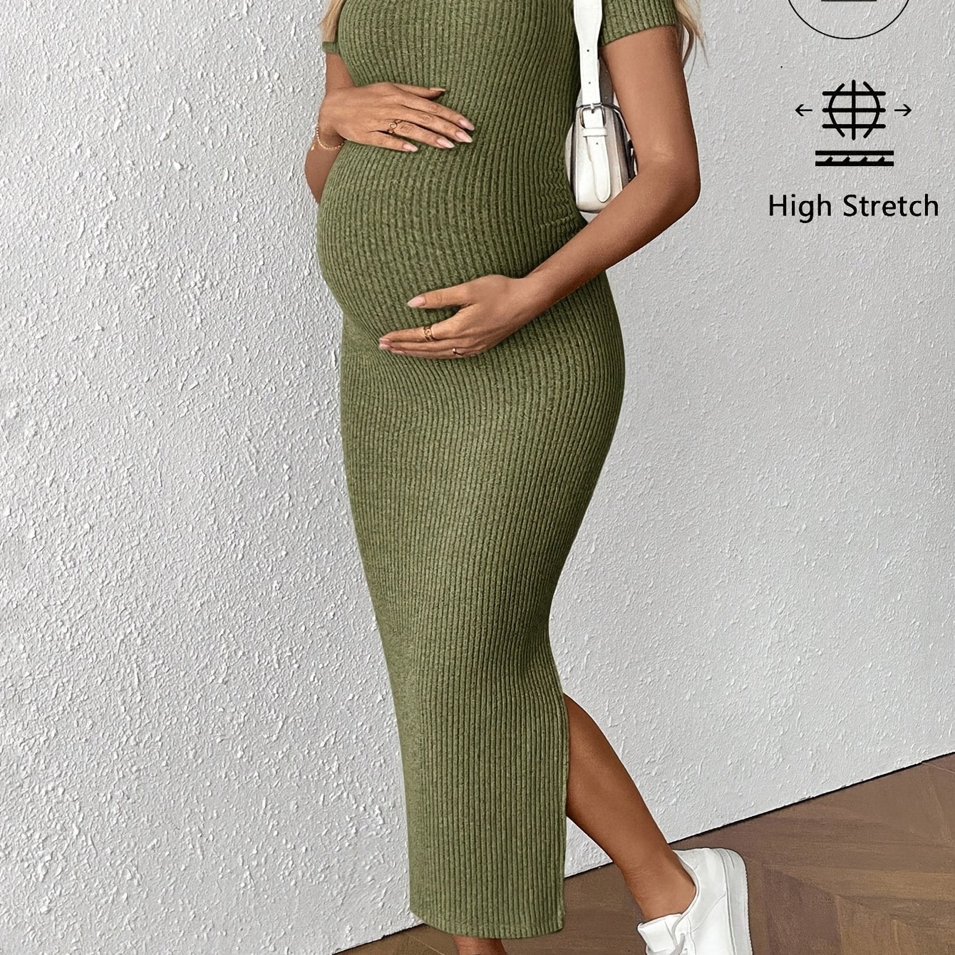 Comfortable Ribbed Knit Maternity Maxi Dress for Women with Square Neck Short Sleeve Bodycon Side Slit Style
