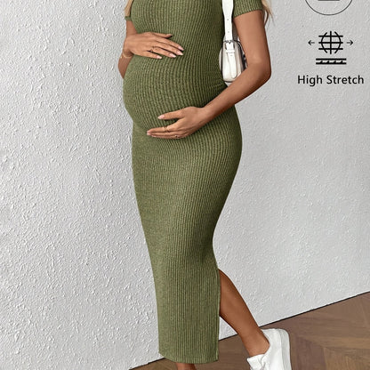 Comfortable Ribbed Knit Maternity Maxi Dress for Women with Square Neck Short Sleeve Bodycon Side Slit Style