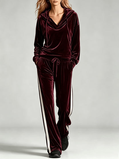 Cozy Velvet Sweatsuit for Women with Cowl Neck Long Sleeve Drawstring Side Stripe Relaxed Style