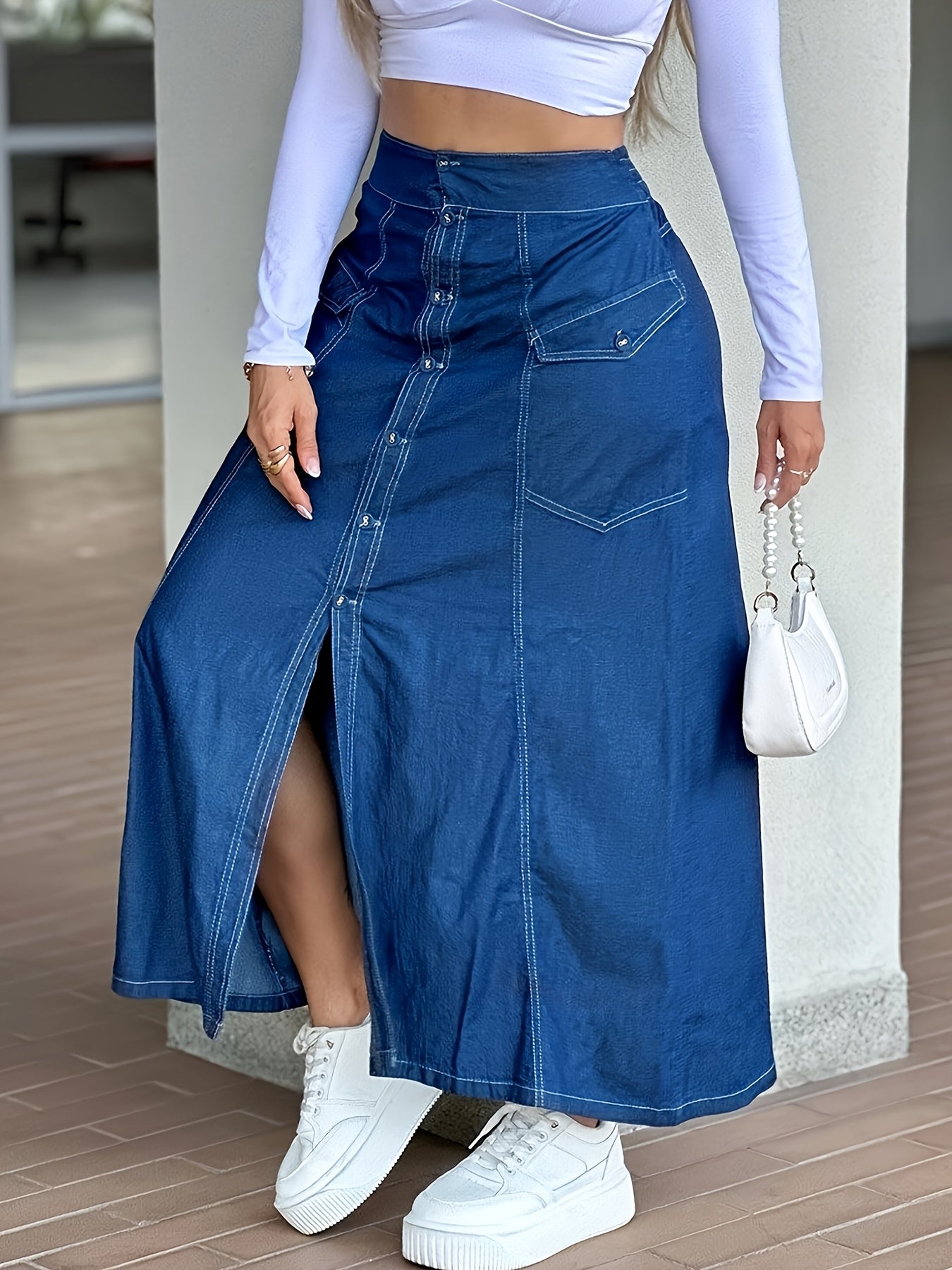 Effortless Blue Denim Look Long Skirt for Women with High Waist Button Front Slit Style