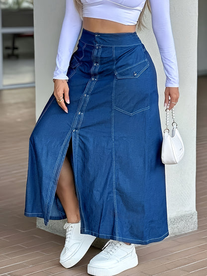 Effortless Blue Denim Look Long Skirt for Women with High Waist Button Front Slit Style