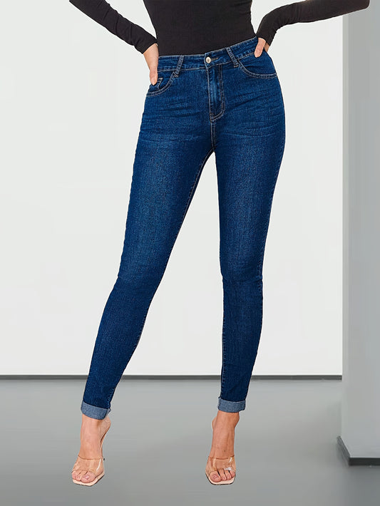 Effortless Medium Blue Relaxed Skinny Jeans for Women with High Waist Cuffed Ankle Stretch Denim