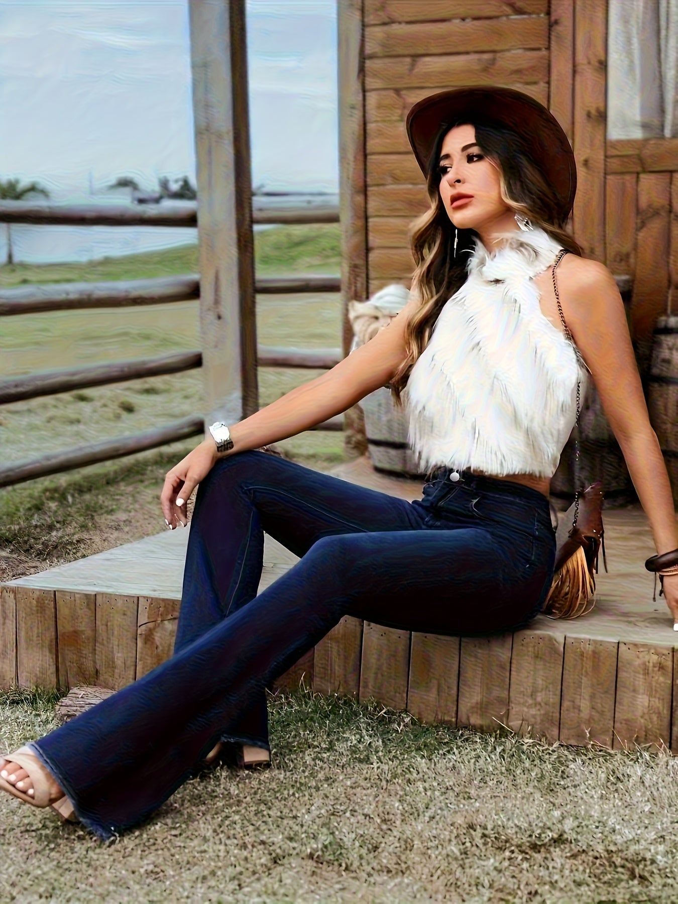 Effortless Dark Blue Flare Jeans for Women with High Waist Stretch Denim Bootcut Western Style