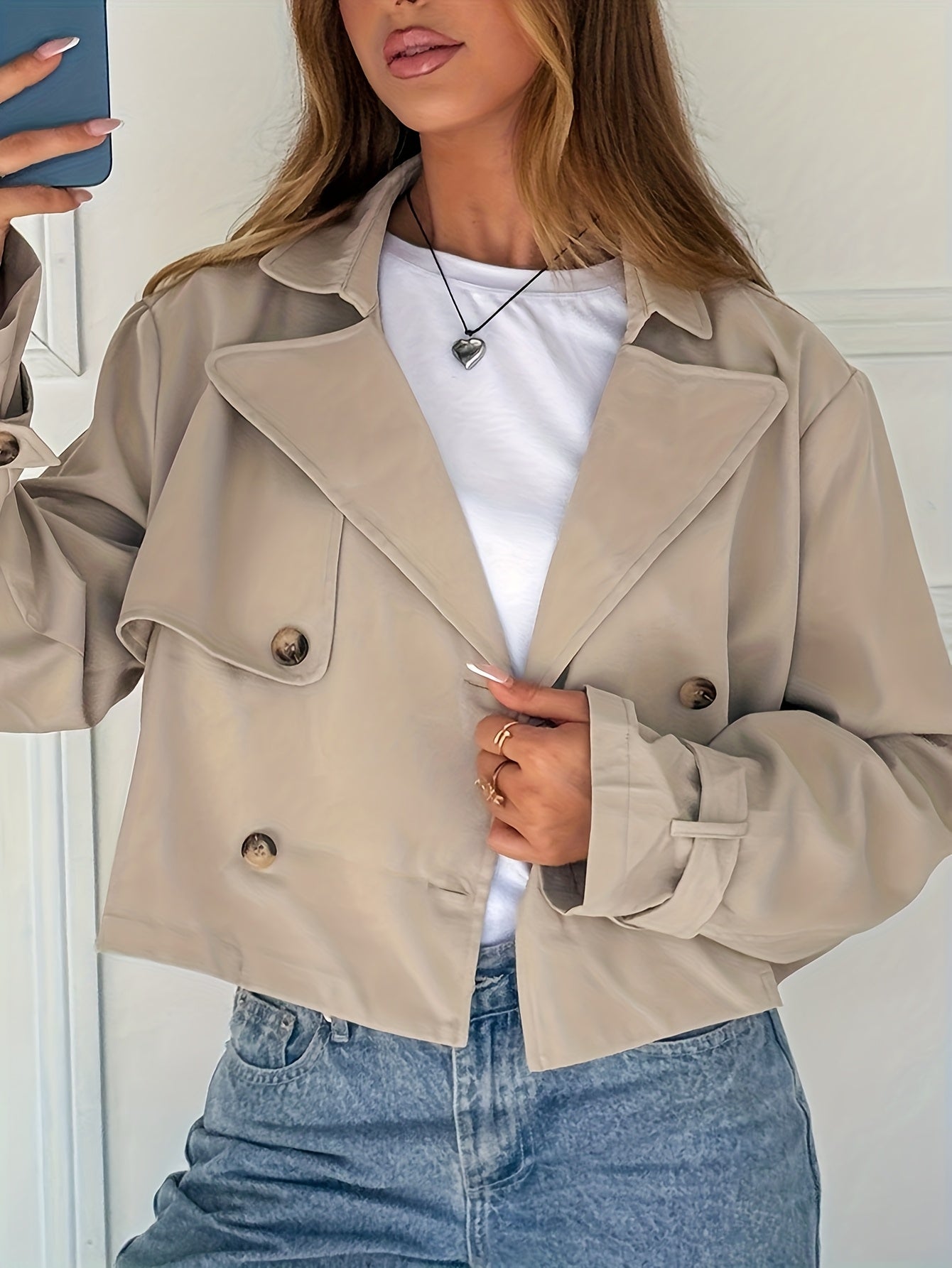 Elegant Khaki Cropped Pea Coat for Women with Notch Lapel Long Sleeve Double Breasted Casual Style