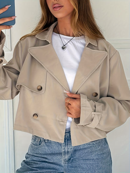 Elegant Khaki Cropped Pea Coat for Women with Notch Lapel Long Sleeve Double Breasted Casual Style