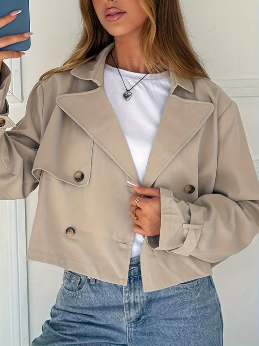 Elegant Khaki Cropped Pea Coat for Women with Notch Lapel Long Sleeve Double Breasted Casual Style