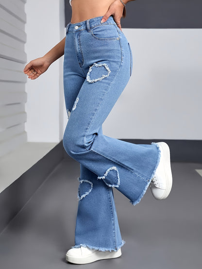 Effortless Light Blue Distressed Flare Jeans for Women with High Waist Heart Patch Frayed Hem Casual Style