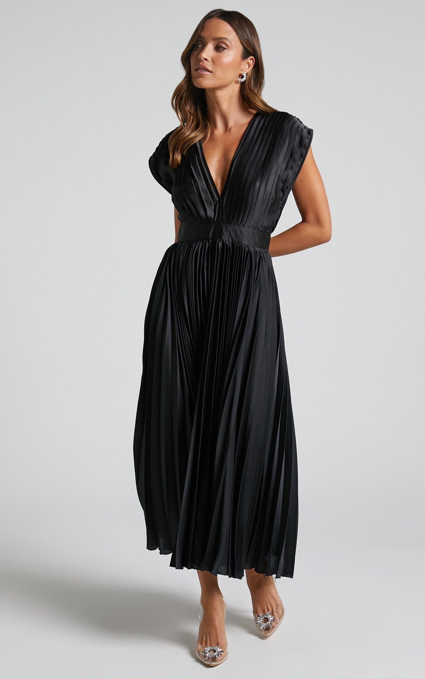 Elegant Pleated Midi Dress for Women with Deep V Neck Formal Wedding Guest Style