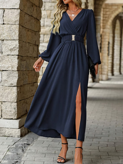 Elegant Navy Wrap Dress for Women with V Neck Long Sleeve Belted High Slit Formal Wedding Guest Style