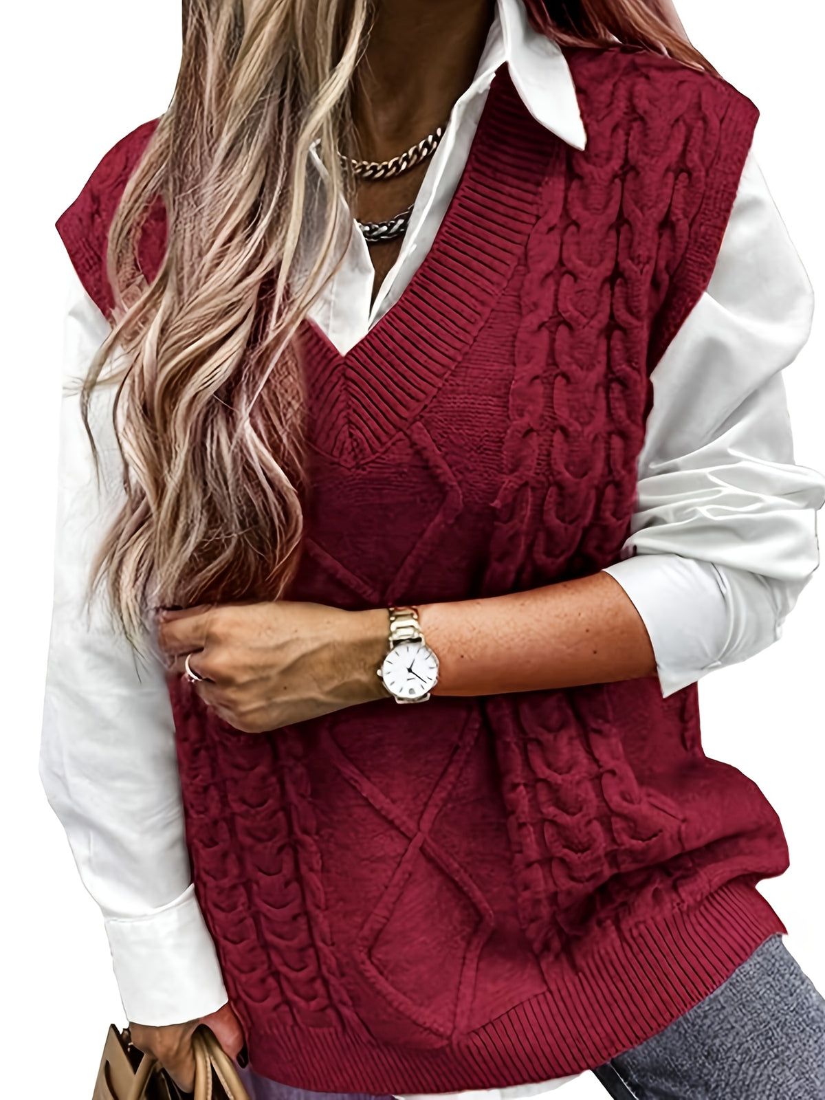 Cozy Cable Knit Sweater Vest for Women with V Neck Sleeveless Oversized Relaxed Style