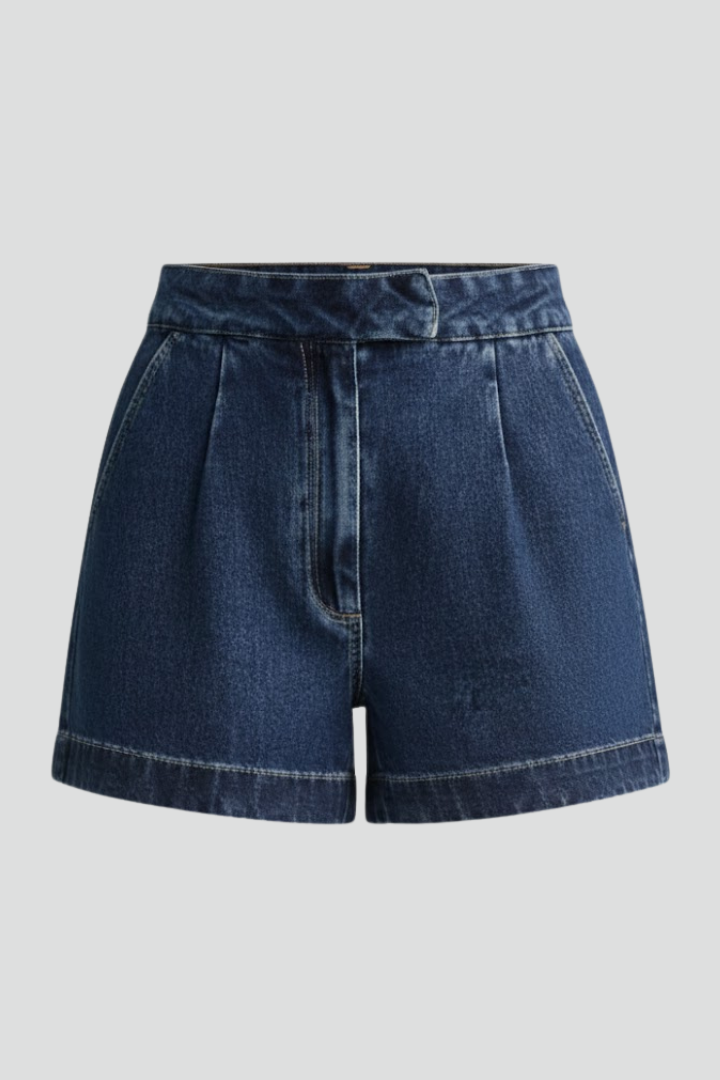 Effortless Blue Denim Shorts for Women with High Waist Pleated Wide Leg Casual Style