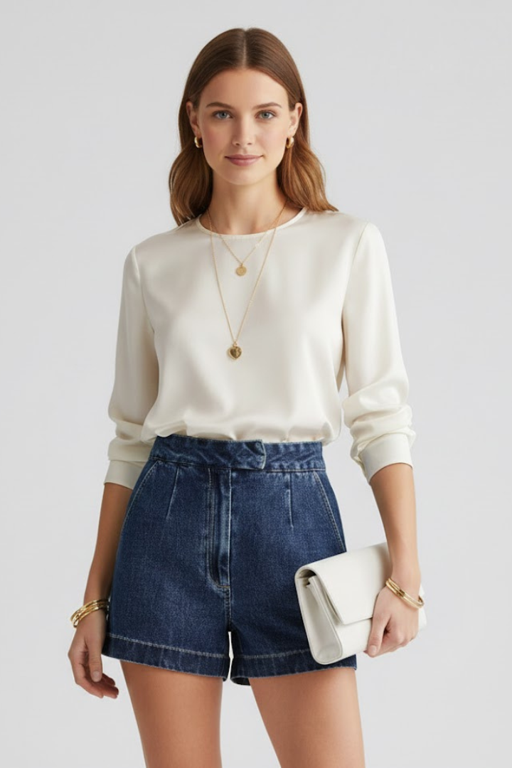 Effortless Blue Denim Shorts for Women with High Waist Pleated Wide Leg Casual Style