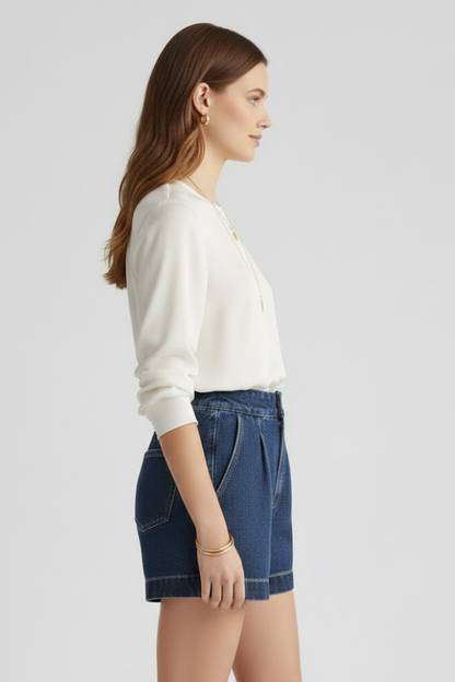 Effortless Blue Denim Shorts for Women with High Waist Pleated Wide Leg Casual Style