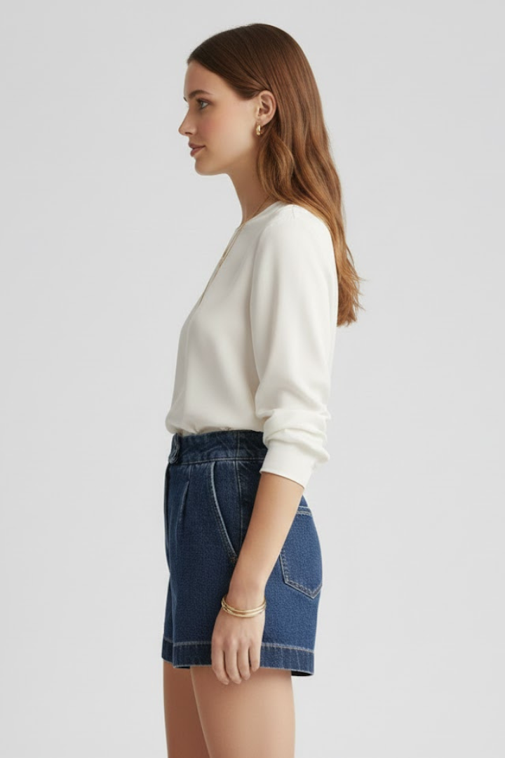 Effortless Blue Denim Shorts for Women with High Waist Pleated Wide Leg Casual Style