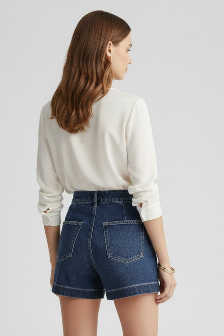 Effortless Blue Denim Shorts for Women with High Waist Pleated Wide Leg Casual Style