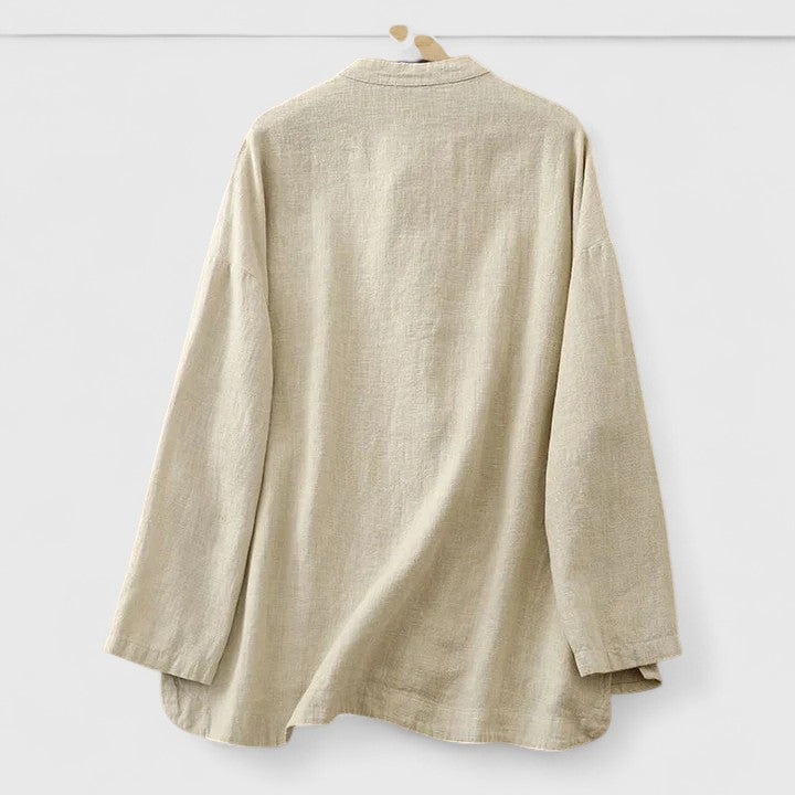 Effortless Linen Shirt for Women with Mandarin Collar Long Sleeve Frog Button Relaxed Style