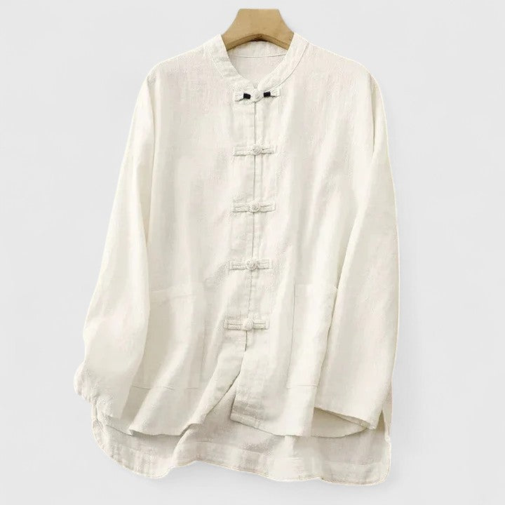 Effortless Linen Shirt for Women with Mandarin Collar Long Sleeve Frog Button Relaxed Style
