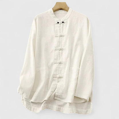 Effortless Linen Shirt for Women with Mandarin Collar Long Sleeve Frog Button Relaxed Style