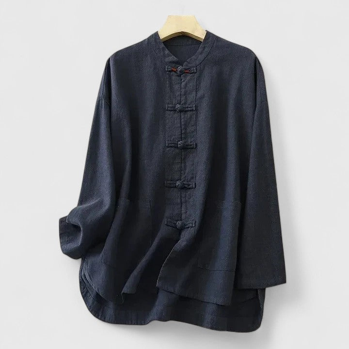 Effortless Linen Shirt for Women with Mandarin Collar Long Sleeve Frog Button Relaxed Style