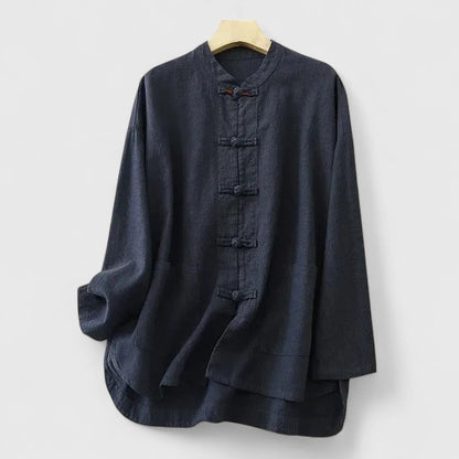 Effortless Linen Shirt for Women with Mandarin Collar Long Sleeve Frog Button Relaxed Style