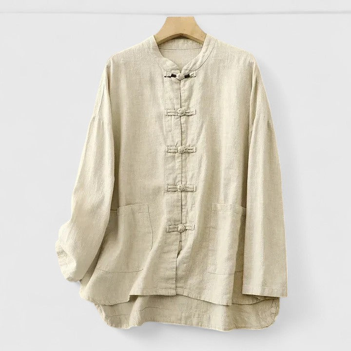 Effortless Linen Shirt for Women with Mandarin Collar Long Sleeve Frog Button Relaxed Style