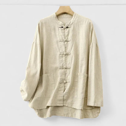 Effortless Linen Shirt for Women with Mandarin Collar Long Sleeve Frog Button Relaxed Style