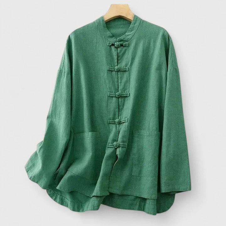 Effortless Linen Shirt for Women with Mandarin Collar Long Sleeve Frog Button Relaxed Style