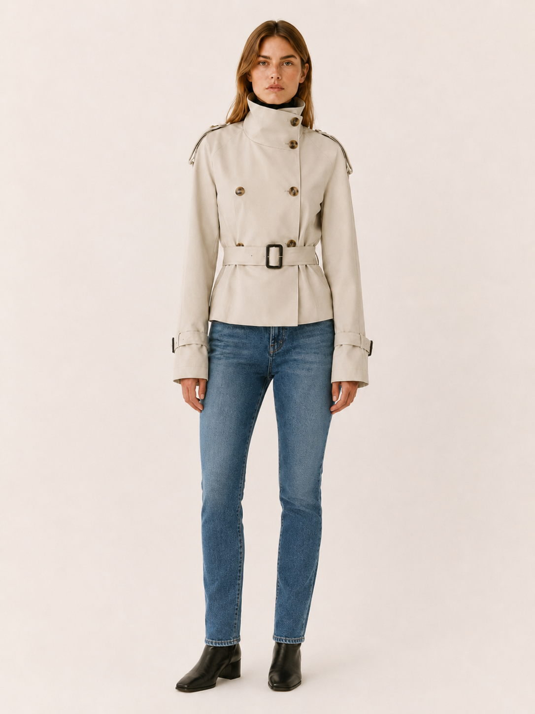 Chic Short Trench Coat for Women with High Collar Double Breasted Belted Waist Classic Style