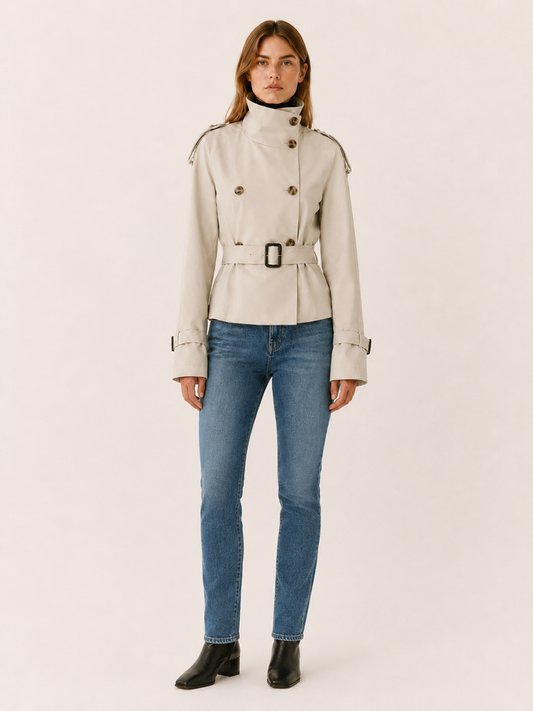 Chic Short Trench Coat for Women with High Collar Double Breasted Belted Waist Classic Style