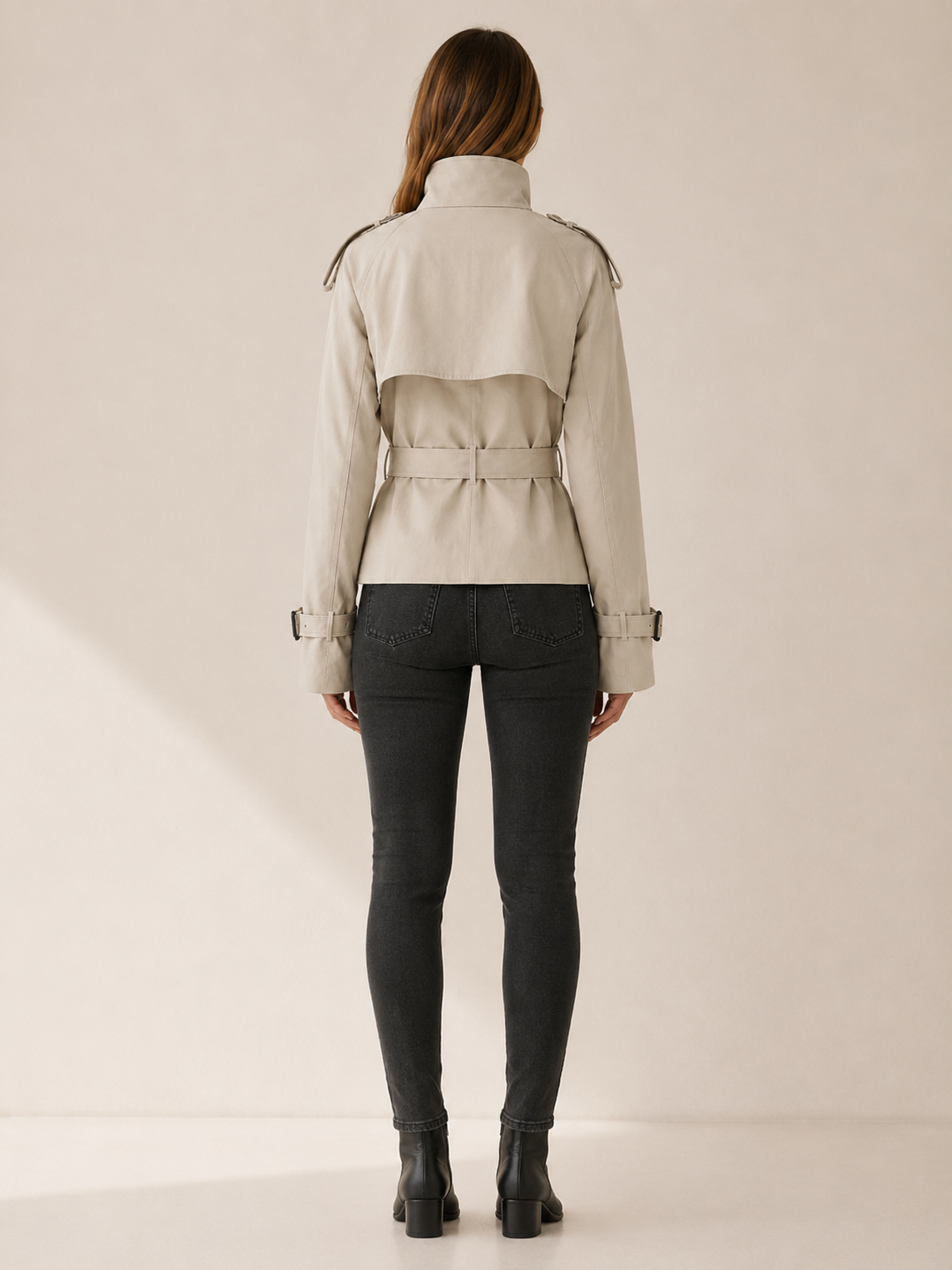 Chic Short Trench Coat for Women with High Collar Double Breasted Belted Waist Classic Style