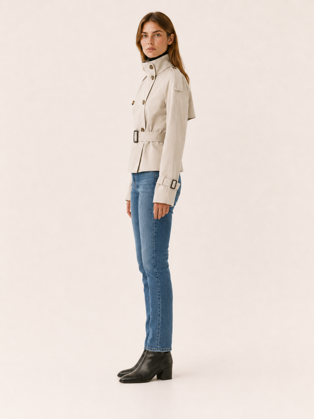 Chic Short Trench Coat for Women with High Collar Double Breasted Belted Waist Classic Style