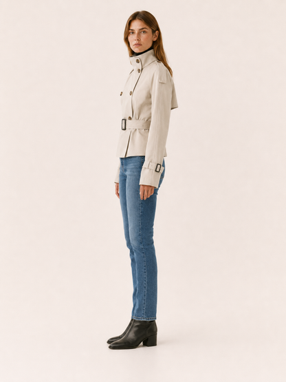 Chic Short Trench Coat for Women with High Collar Double Breasted Belted Waist Classic Style