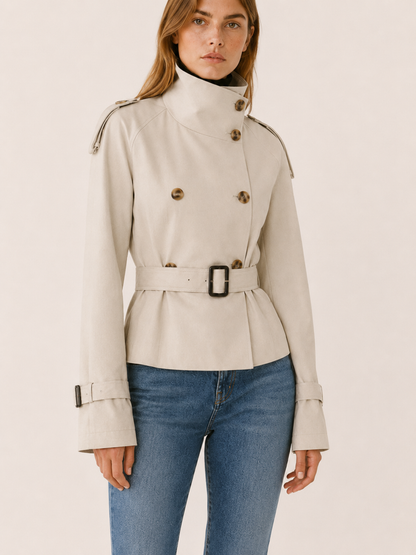 Chic Short Trench Coat for Women with High Collar Double Breasted Belted Waist Classic Style