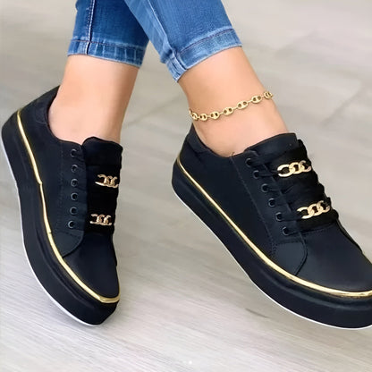 Stylish Platform Sneakers for Women with Gold Chain Lace Detail