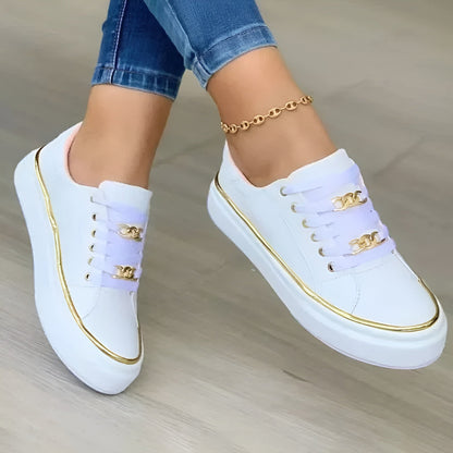 Stylish Platform Sneakers for Women with Gold Chain Lace Detail