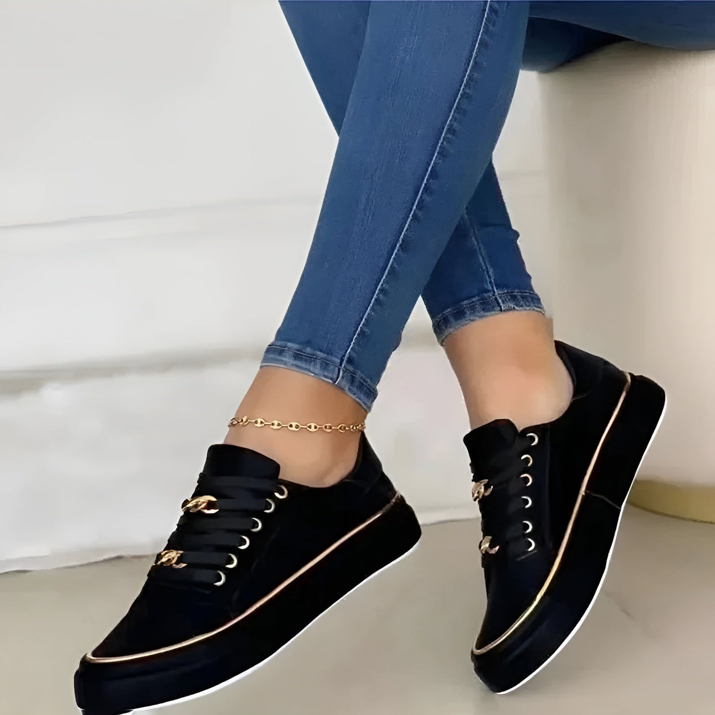 Stylish Platform Sneakers for Women with Gold Chain Lace Detail