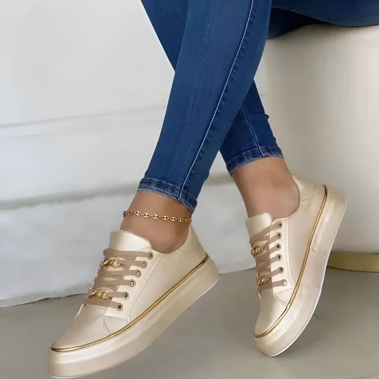 Stylish Platform Sneakers for Women with Gold Chain Lace Detail