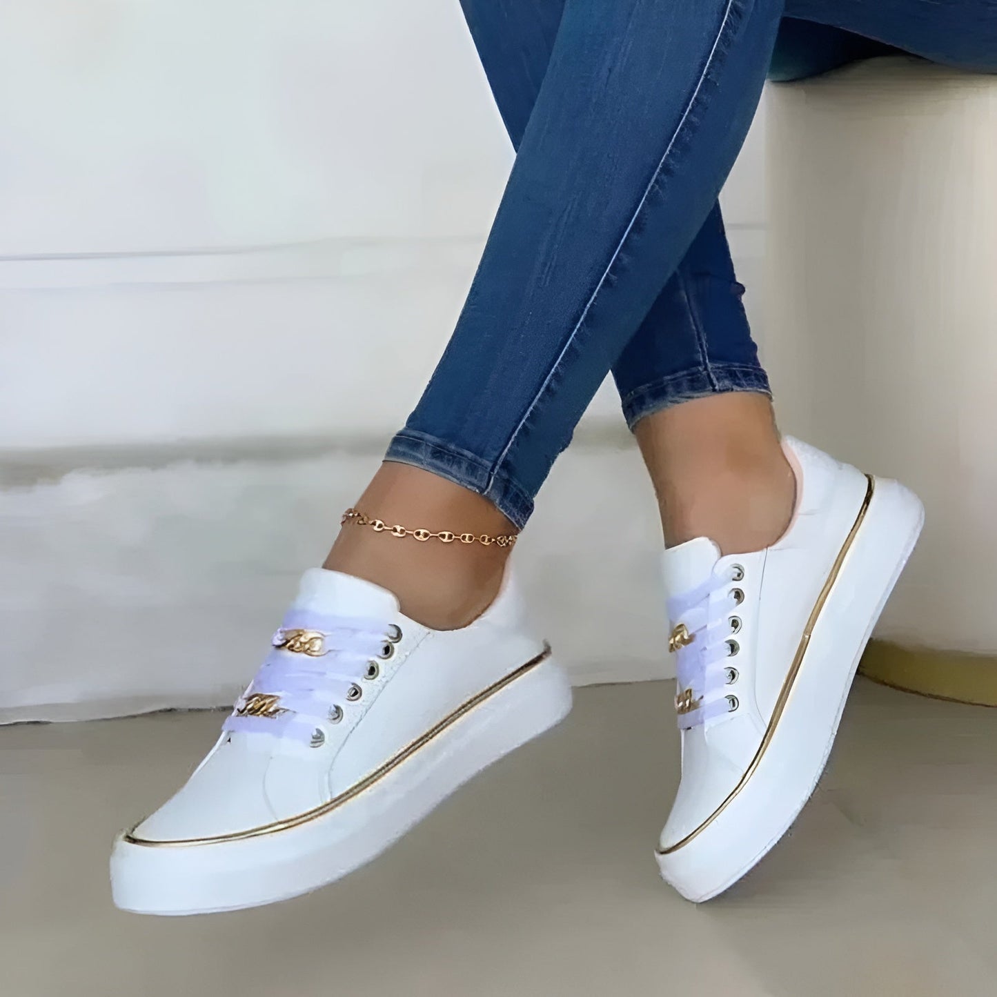 Stylish Platform Sneakers for Women with Gold Chain Lace Detail