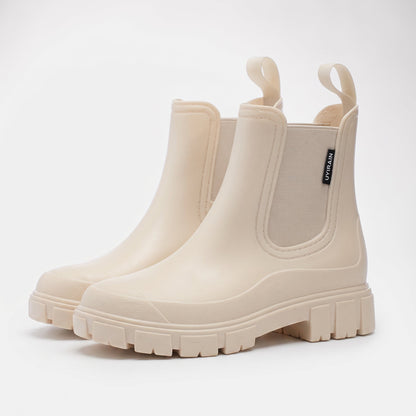 Comfortable Pink Rubber Chelsea Boots for Women with Pull Tab Elastic Panel Lug Sole Rainy Day Style