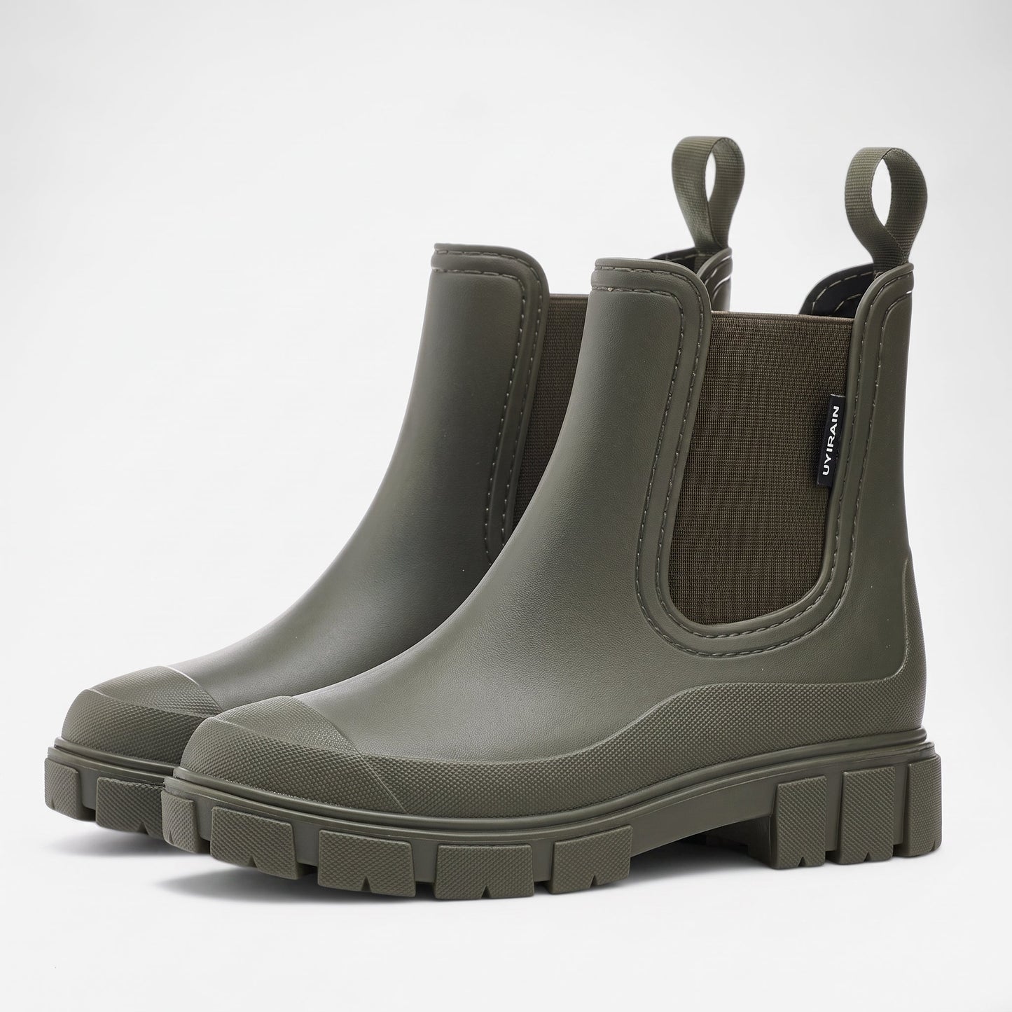 Comfortable Pink Rubber Chelsea Boots for Women with Pull Tab Elastic Panel Lug Sole Rainy Day Style