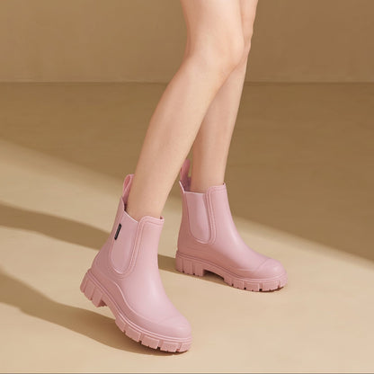 Comfortable Pink Rubber Chelsea Boots for Women with Pull Tab Elastic Panel Lug Sole Rainy Day Style