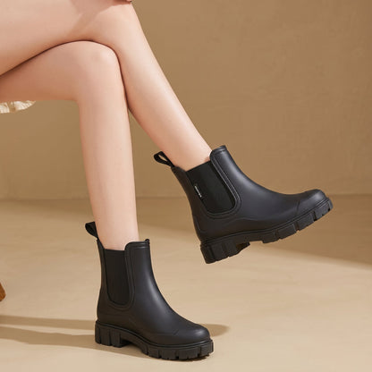 Comfortable Pink Rubber Chelsea Boots for Women with Pull Tab Elastic Panel Lug Sole Rainy Day Style