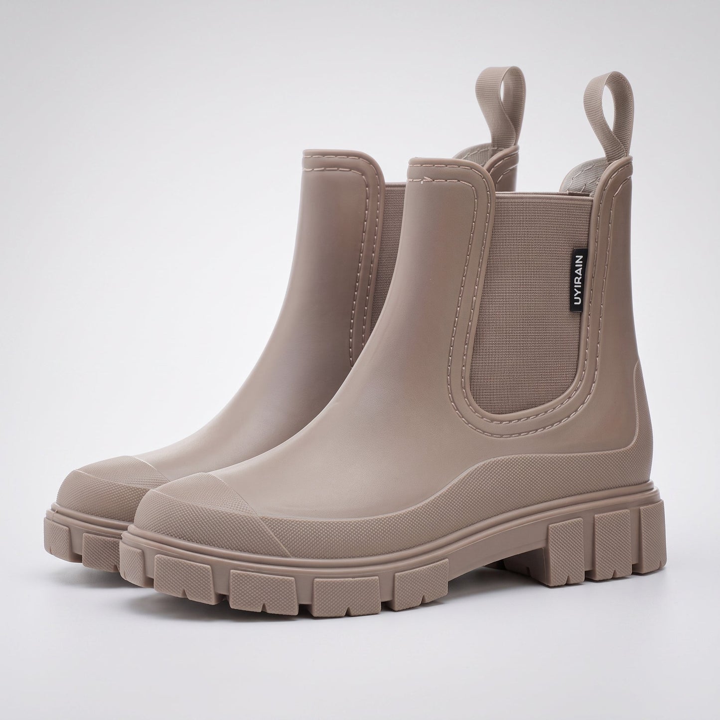 Comfortable Pink Rubber Chelsea Boots for Women with Pull Tab Elastic Panel Lug Sole Rainy Day Style