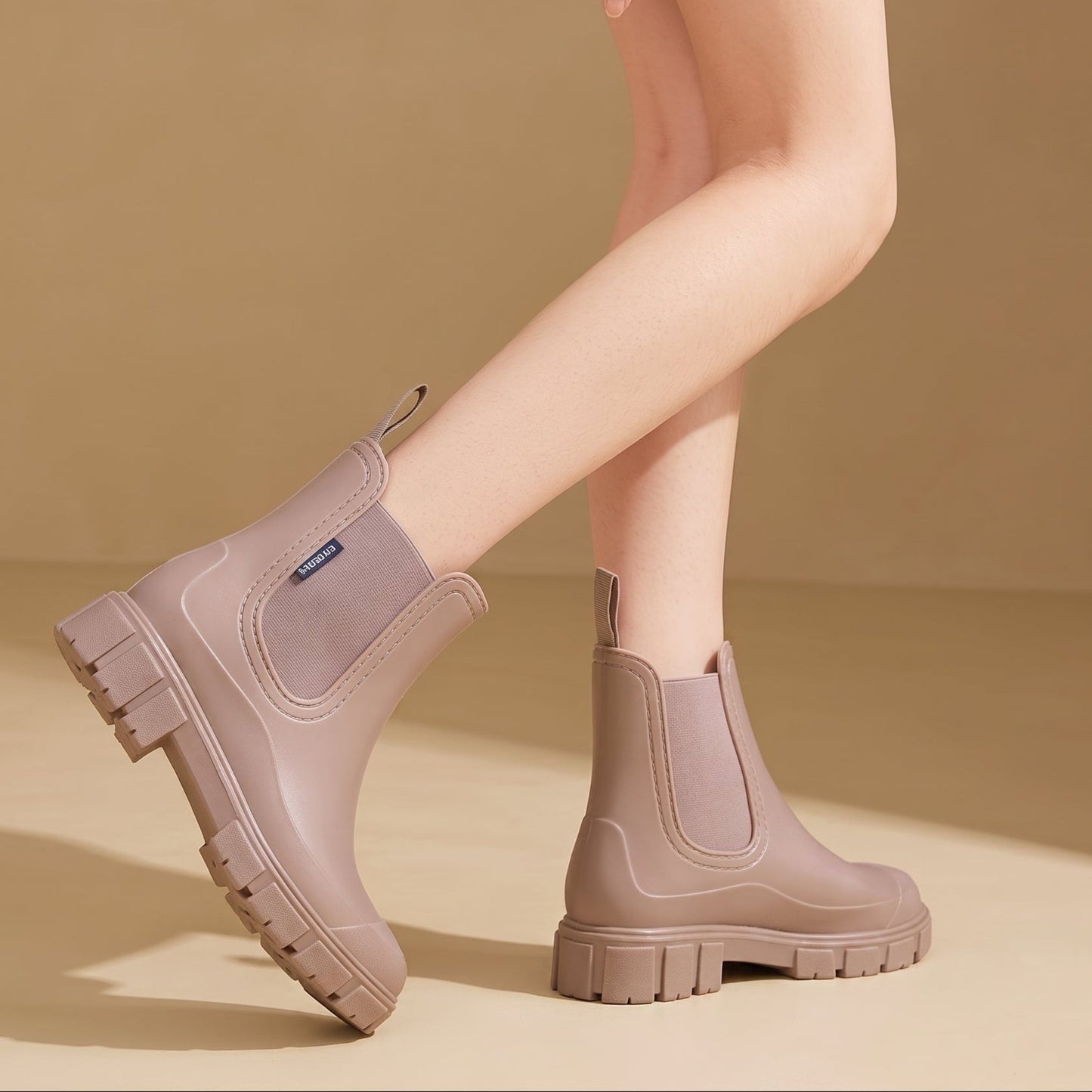 Comfortable Pink Rubber Chelsea Boots for Women with Pull Tab Elastic Panel Lug Sole Rainy Day Style